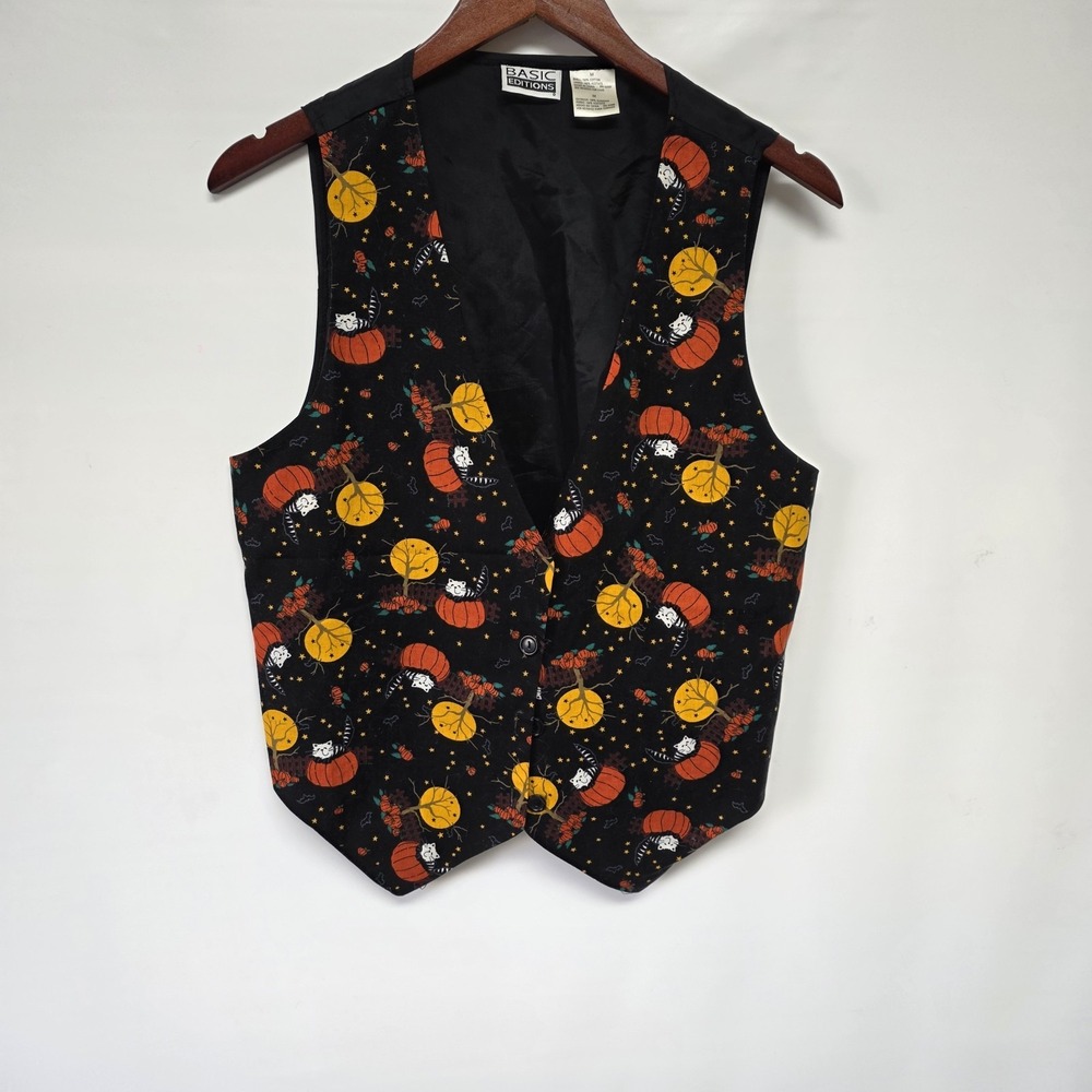 Vintage Women's Basic Editions Halloween Vest Size Cats Pumpkins Bats M